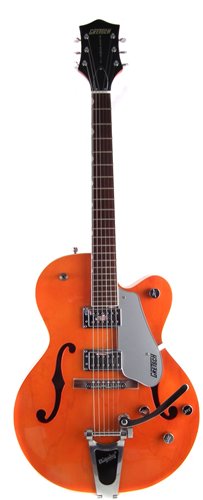 109 - Gretsch Electromatic semi acoustic electric guitar in orange with strap and hardcase