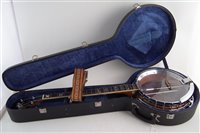 Lot 132 - Hondo II Five string banjo, with inlaid fingerboard rosewood resonator,  with hard case