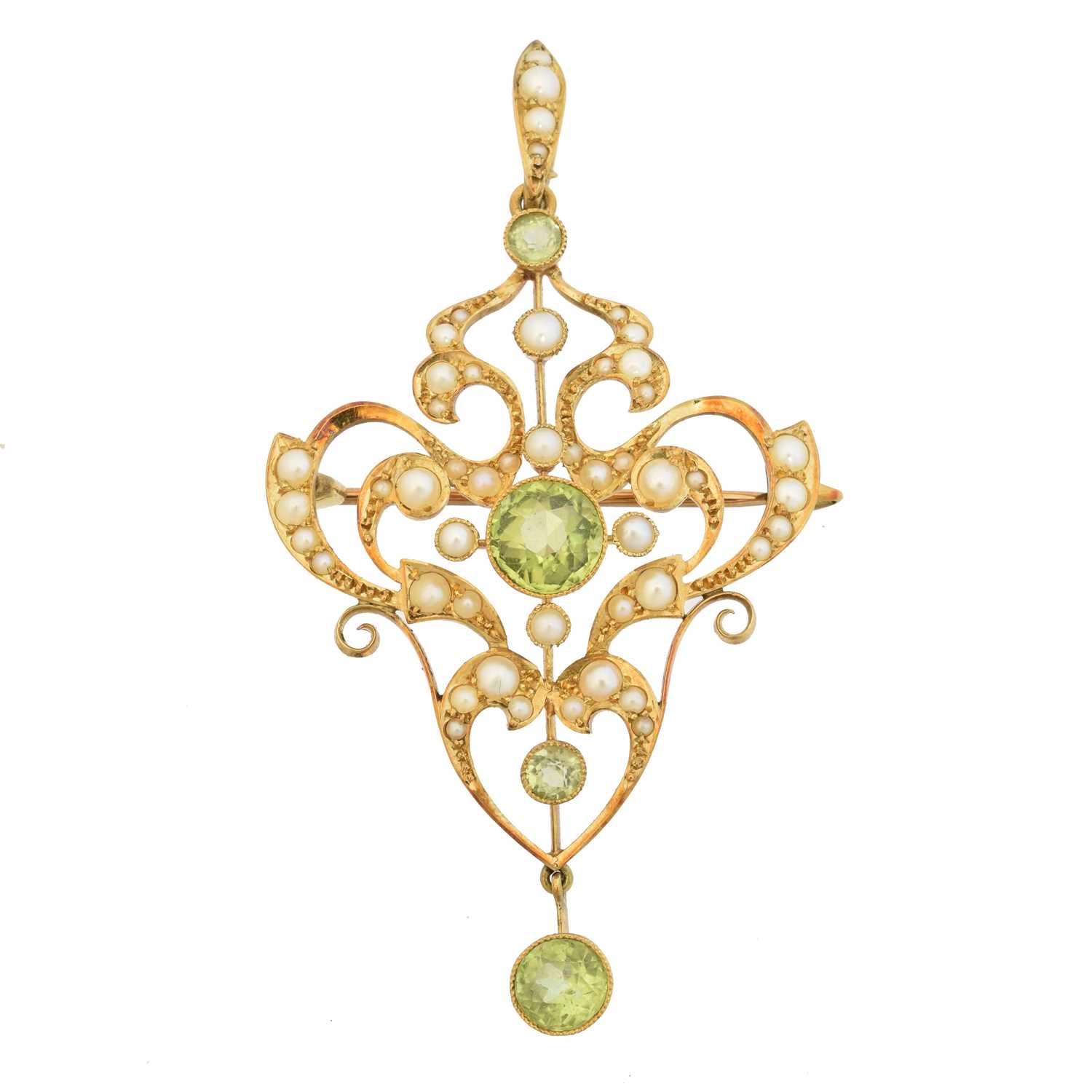 Lot 42 - An early 20th century 15ct gold peridot and seed pearl pendant