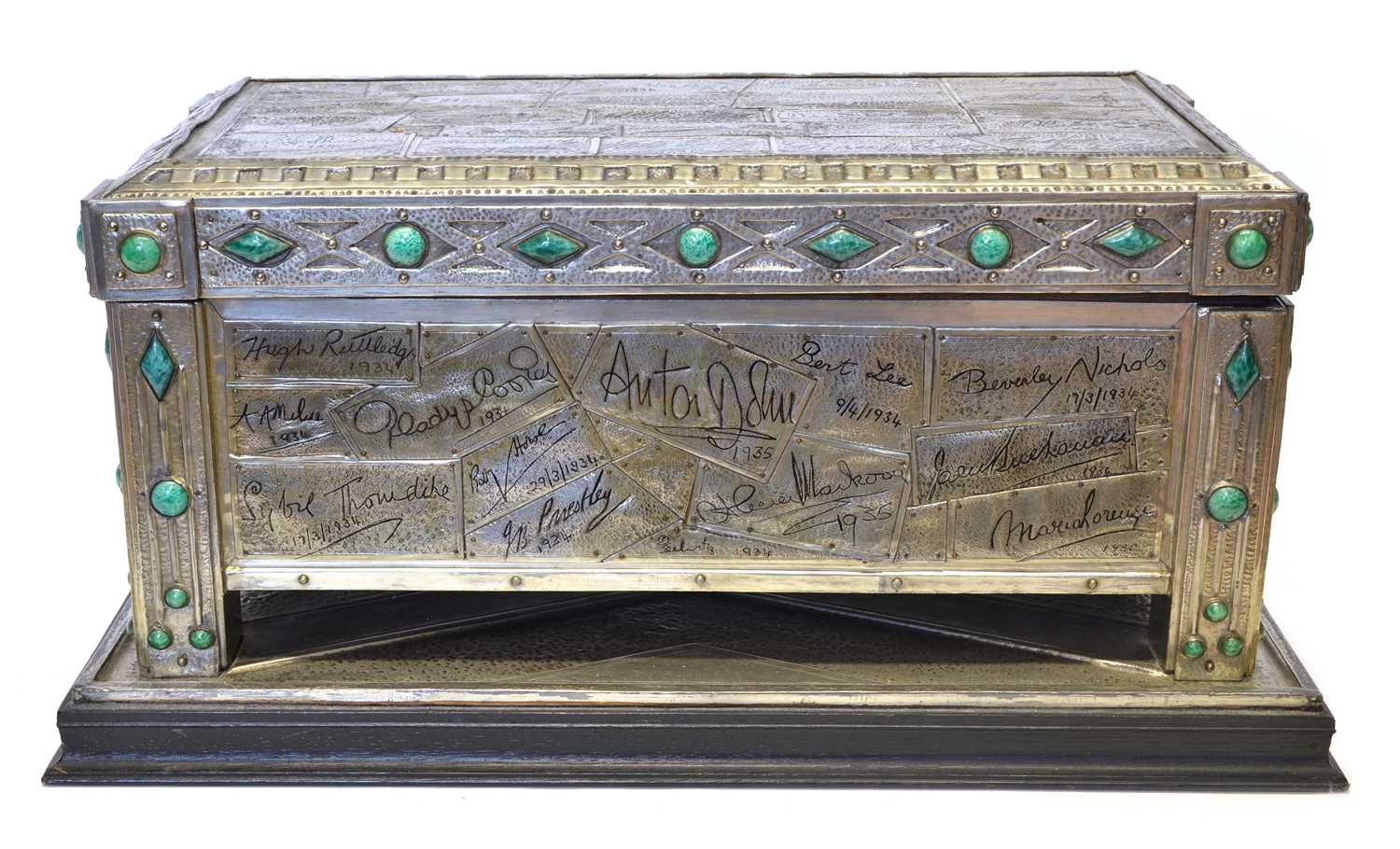 113 - Pewter casket signed by celebrities of the mid 20th century