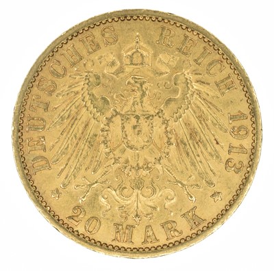 Lot 46 - German States, Prussia, Wilhelm II (1888-1918), 20 (Twenty) Mark, 1913, gold coin.