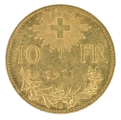 Lot 48 - Switzerland, Helvetia, 10 Francs, 1911 B, gold coin.