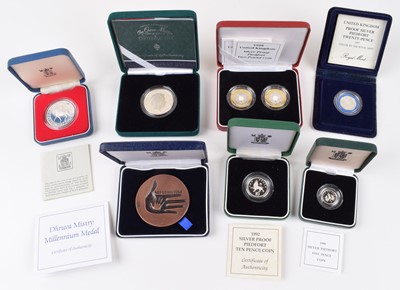 Lot 15 - Assortment of various Royal Mint silver proof coins and a Dhruva Mistry Medal (15).