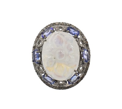 Lot 111 - A moonstone, tanzanite and diamond ring, set in silver