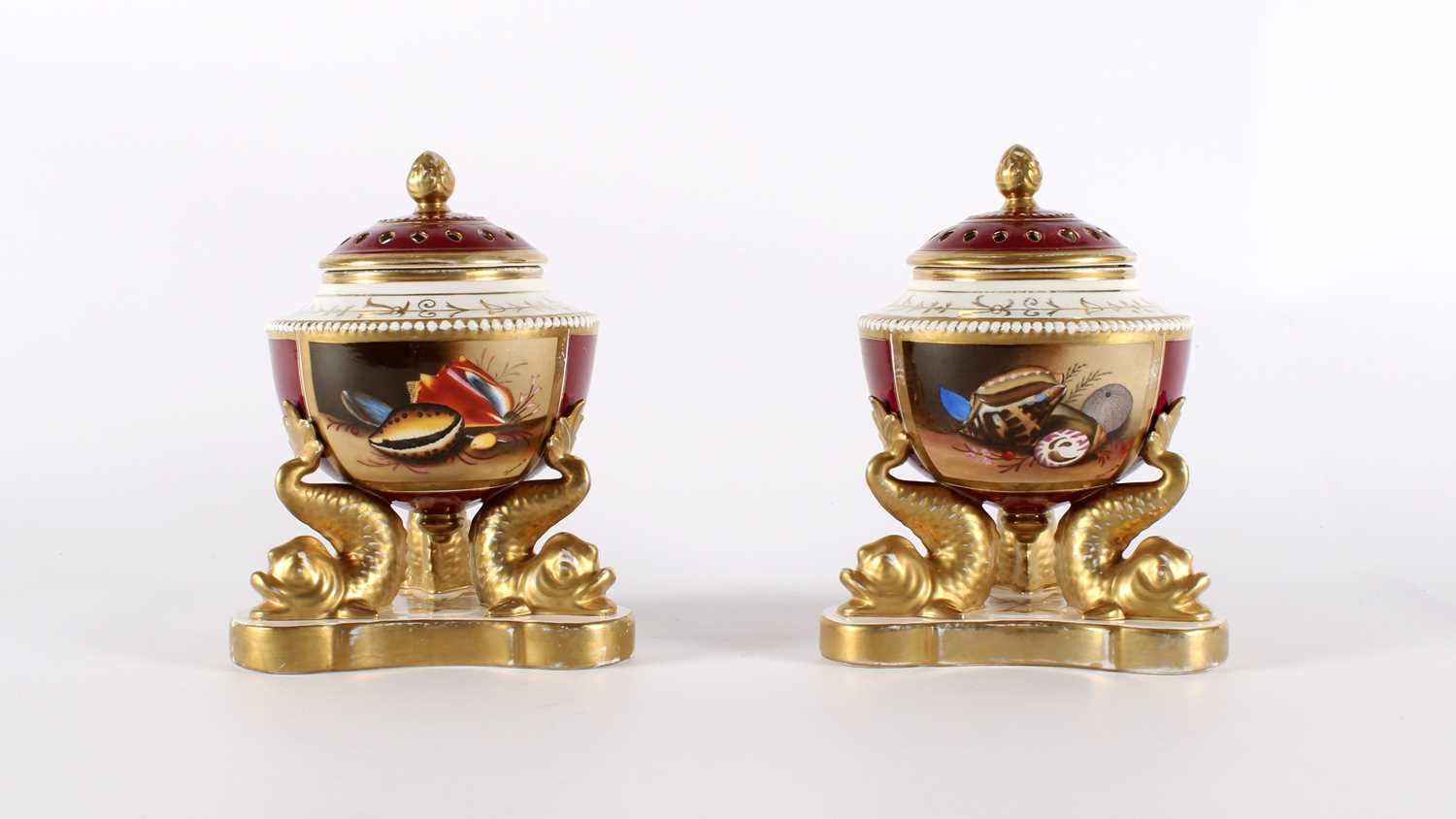 Lot A Pair of 19th Century Derby Porcelain 'Conchology' Potpourris