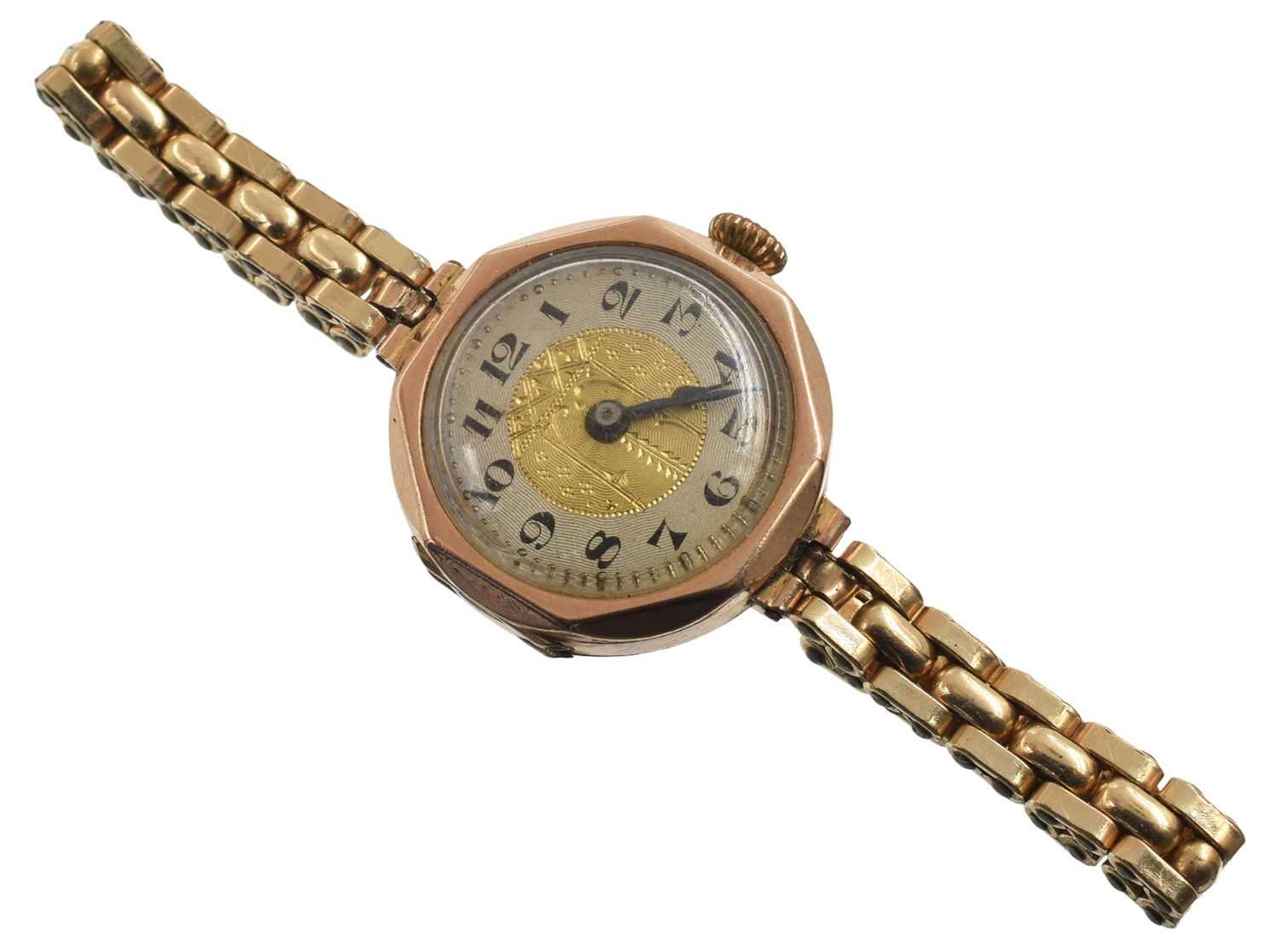 Lot 42 - A 9ct manual wind watch on extendable filled gold bracelet.
