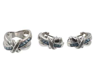 Lot 153 - A platinum, topaz and diamond cross-over earring and ring set