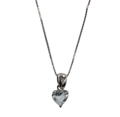 Lot 104 - An 18ct white gold, aquamarine and diamond drop pendant