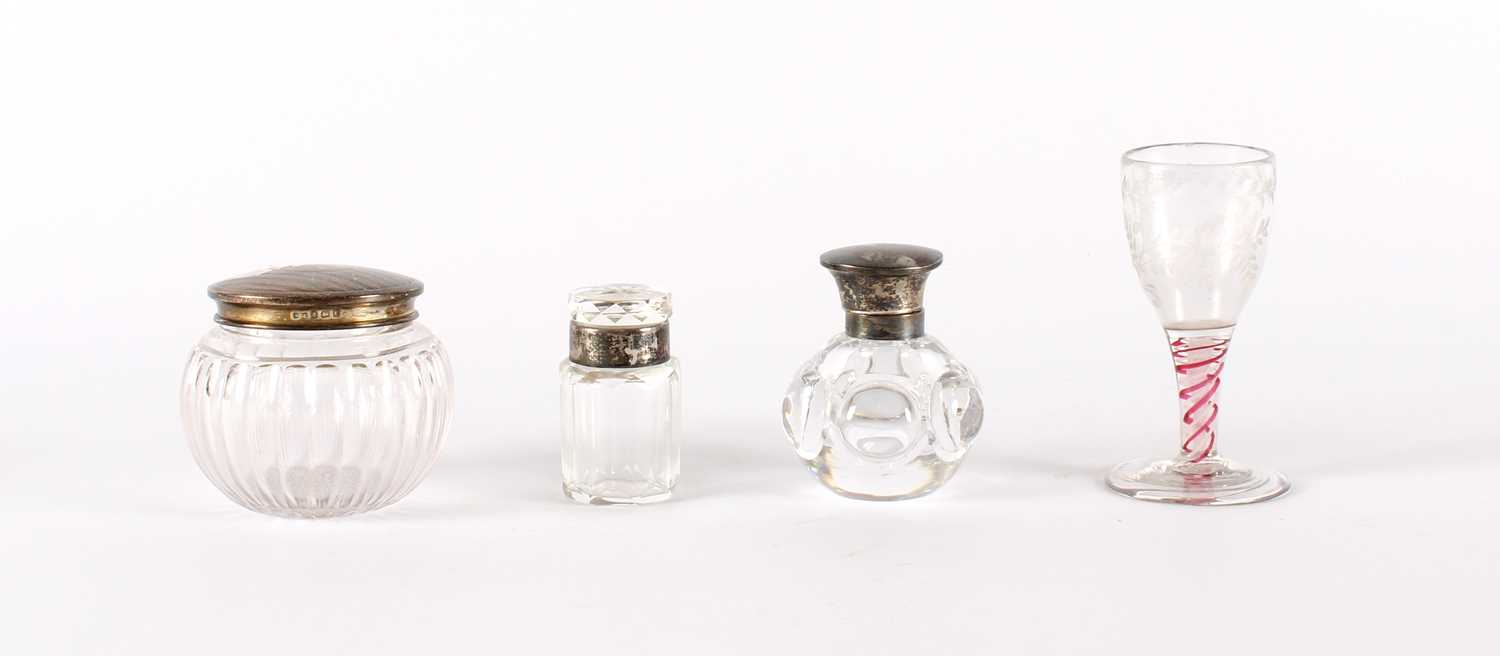 Lot Two Victorian and Later Silver Mounted Clear Glass Vanity Jars and an Inkwell