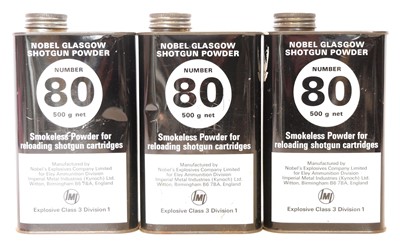 Lot Nobel 80 shotgun powder, three tins. UK...