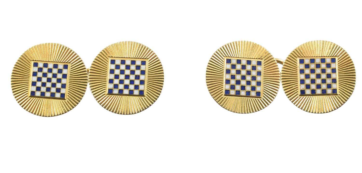 Lot 23 - A pair of 18ct yellow gold and enamel cufflinks, by Cropp and Farr