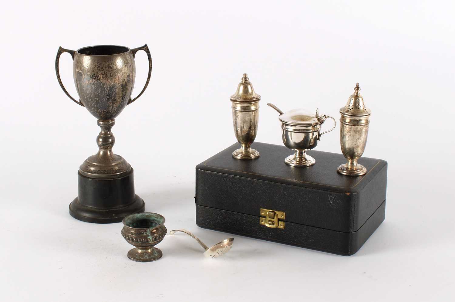 Lot A George VI Silver Trophy and an Elizabeth II Silver Cruet Set