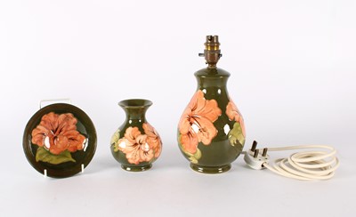 Lot 120 - "Hibiscus" Lamp, Dish and Vase by Moorcroft