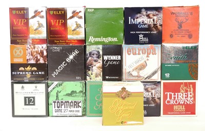 Lot Sixteen full boxes of 12 bore, nine with paper...