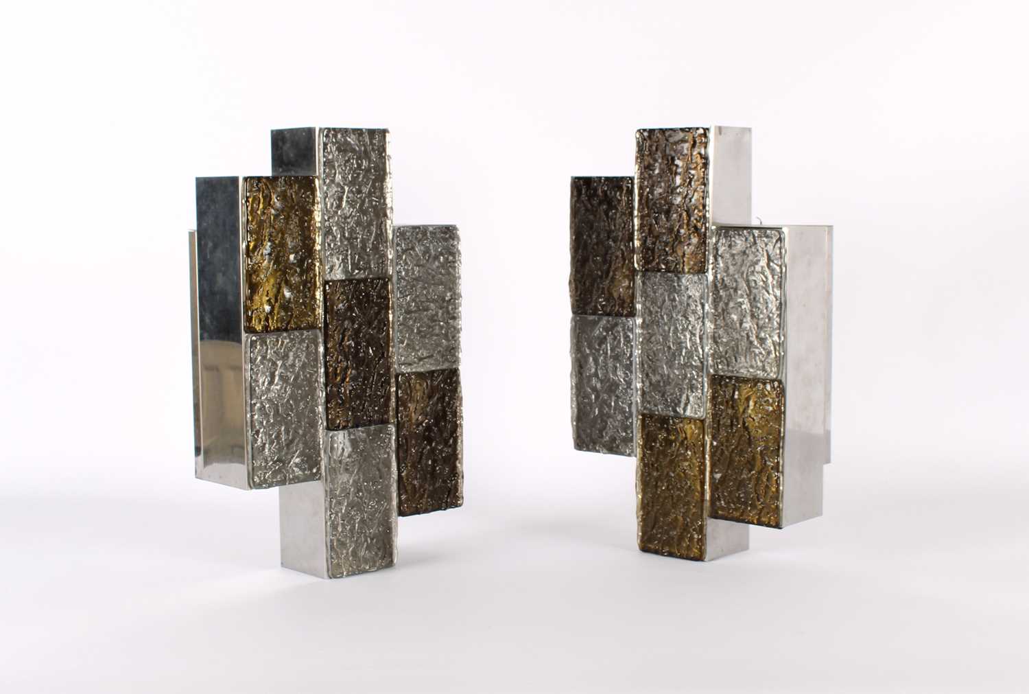 Lot Pair of Italian Modernist Glass and Stainless Steel Wall Lights