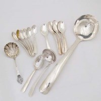 Lot 265 - Silver soup ladle; two sets of teaspoons; sauce