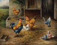 Lot 458 - R. Horton, Chickens in a farmyard, oil