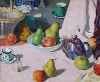Lot 482 - Pierre Adolphe Valette, Still life with teapot, fruit and basket, oil
