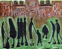 Lot 486 - Albert Barlow, Figures in front of town hall, oil
