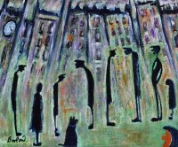 Lot 487 - Albert Barlow, Figures and buildings, oil