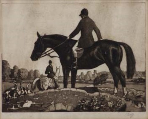 100 - C.F. Tunnicliffe, Huntsmen with hounds, signed etching