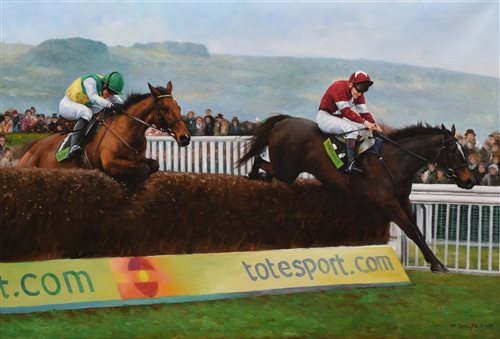 Lot 291 - Melanie Speight, "War Of Attricion" and "Hedge Hunter" at the Cheltenham Gold Cup 2006", oil.