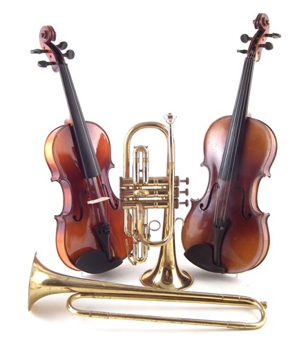 12 - Two cased violins and a cased trumpet and one other.