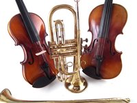 Lot 12 - Two cased violins and a cased trumpet and one other.