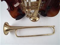 Lot 12 - Two cased violins and a cased trumpet and one other.