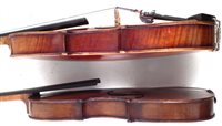 Lot 8 - Conservatory violin and one other with two cases and three bows.