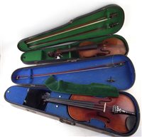 Lot 8 - Conservatory violin and one other with two cases and three bows.