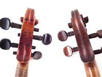 Lot 8 - Conservatory violin and one other with two cases and three bows.